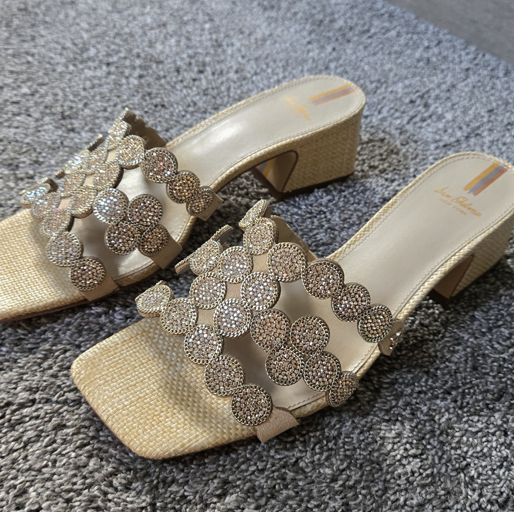 Sam Edelman Winter Square Toe Crystal & Chain Embellished Block Heel Sandal NWB